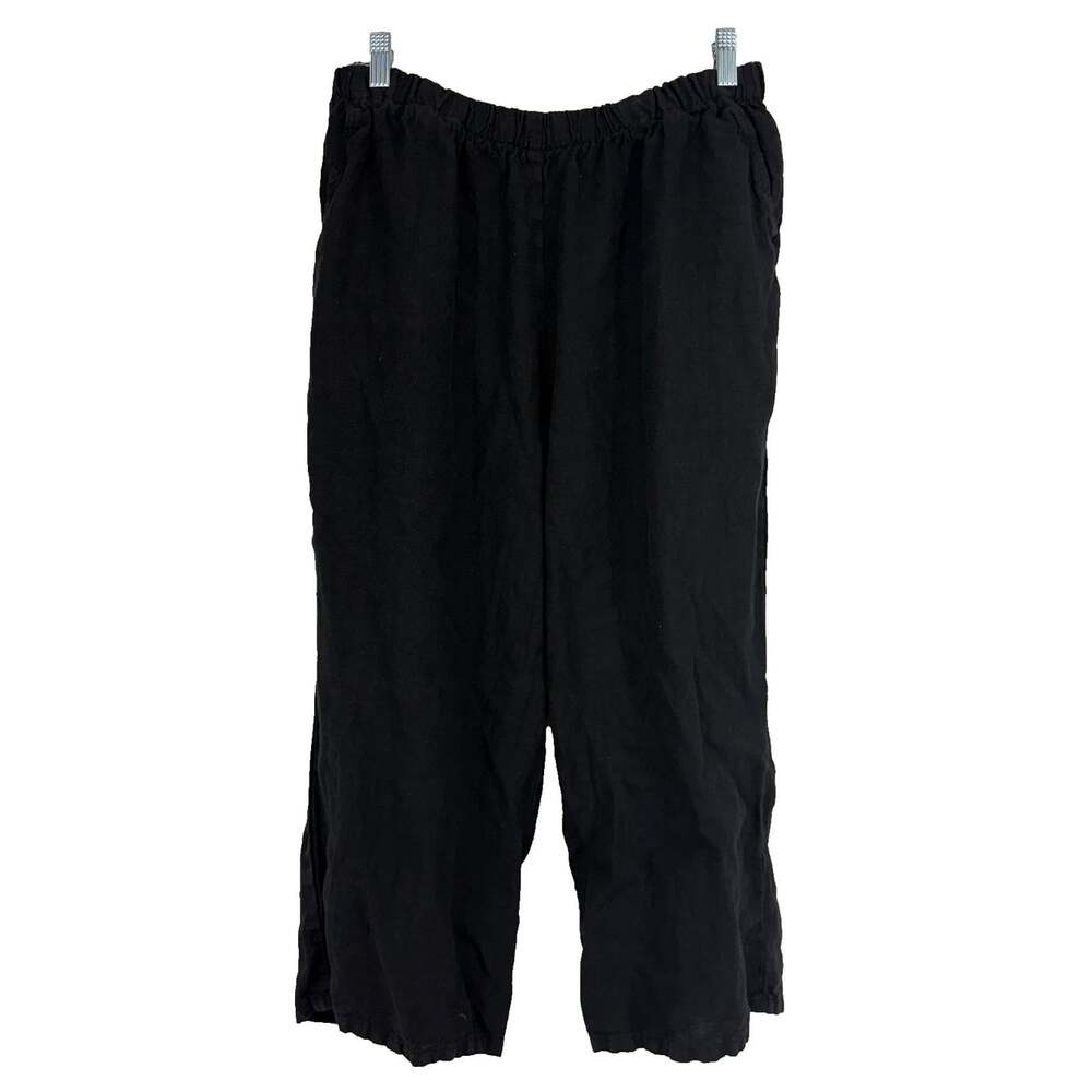 Match Point USA Women M Wide Leg Linen Pant Cropped Black Breathable Lagenlook